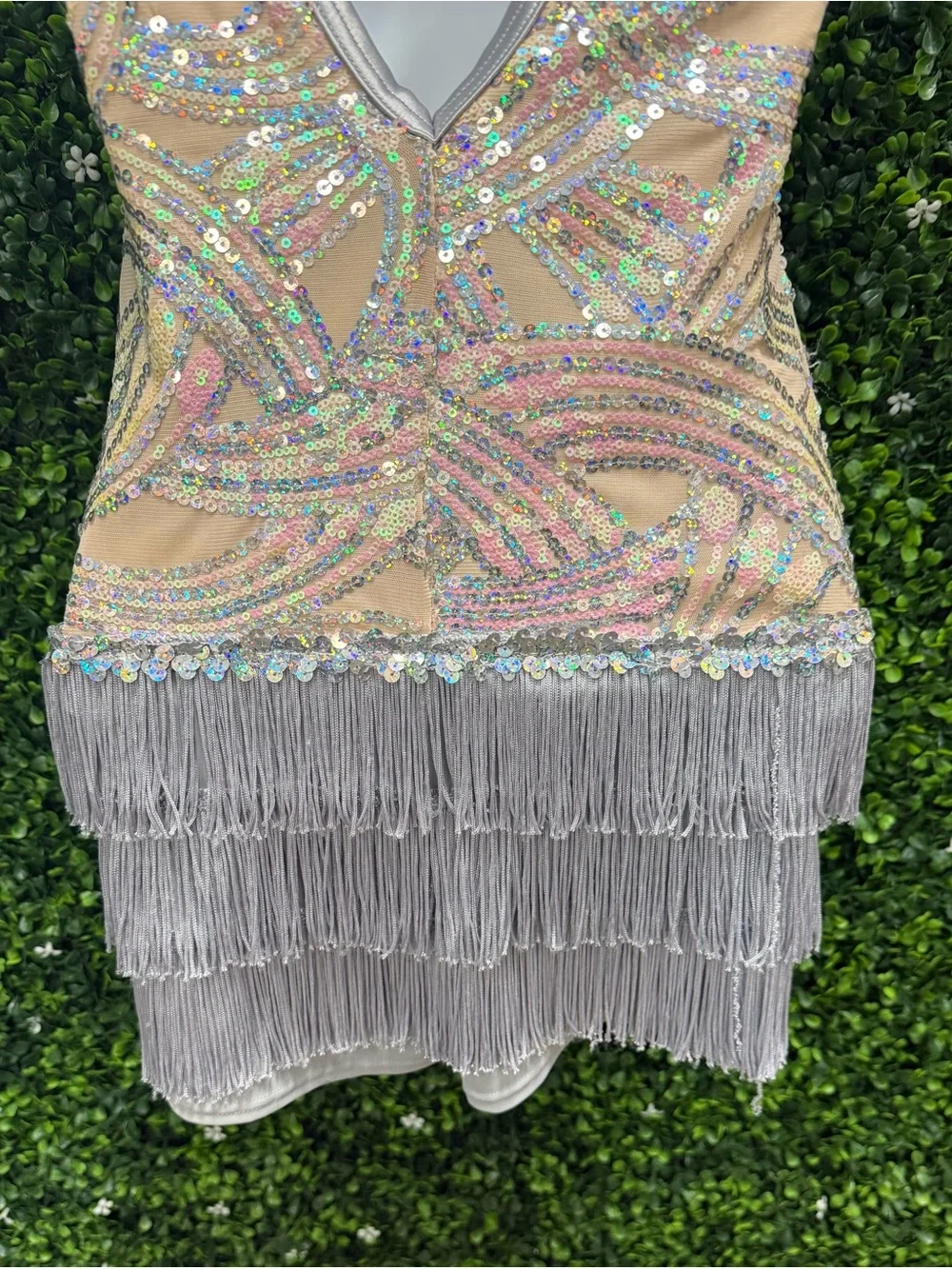 Weissman Nude and Silver Sequin Fringe Halter Dance Costume